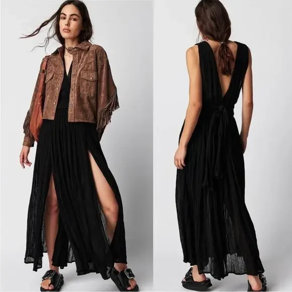 Jens Pirate Booty Free People Prism Black V Neck Gauzy Maxi Dress Womens Size XS - Picture 1 of 6